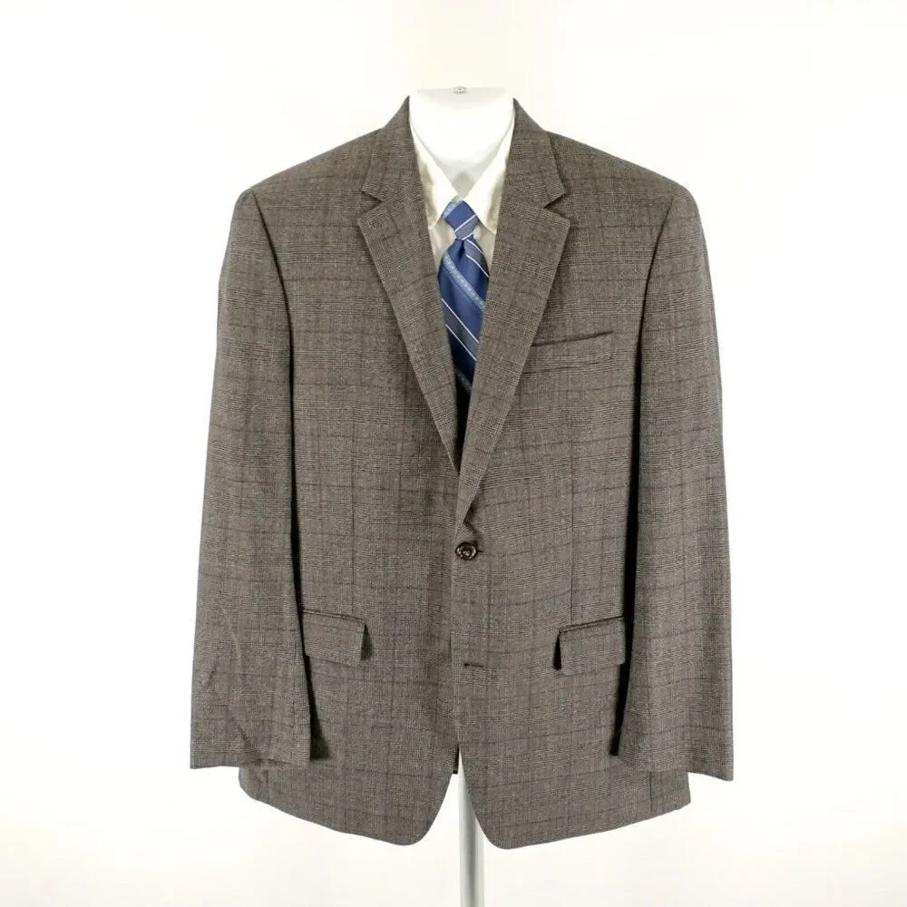Michael Kors Wool Brown Glen Plaid Windowpane 2 Button Sport Coat 40L‎